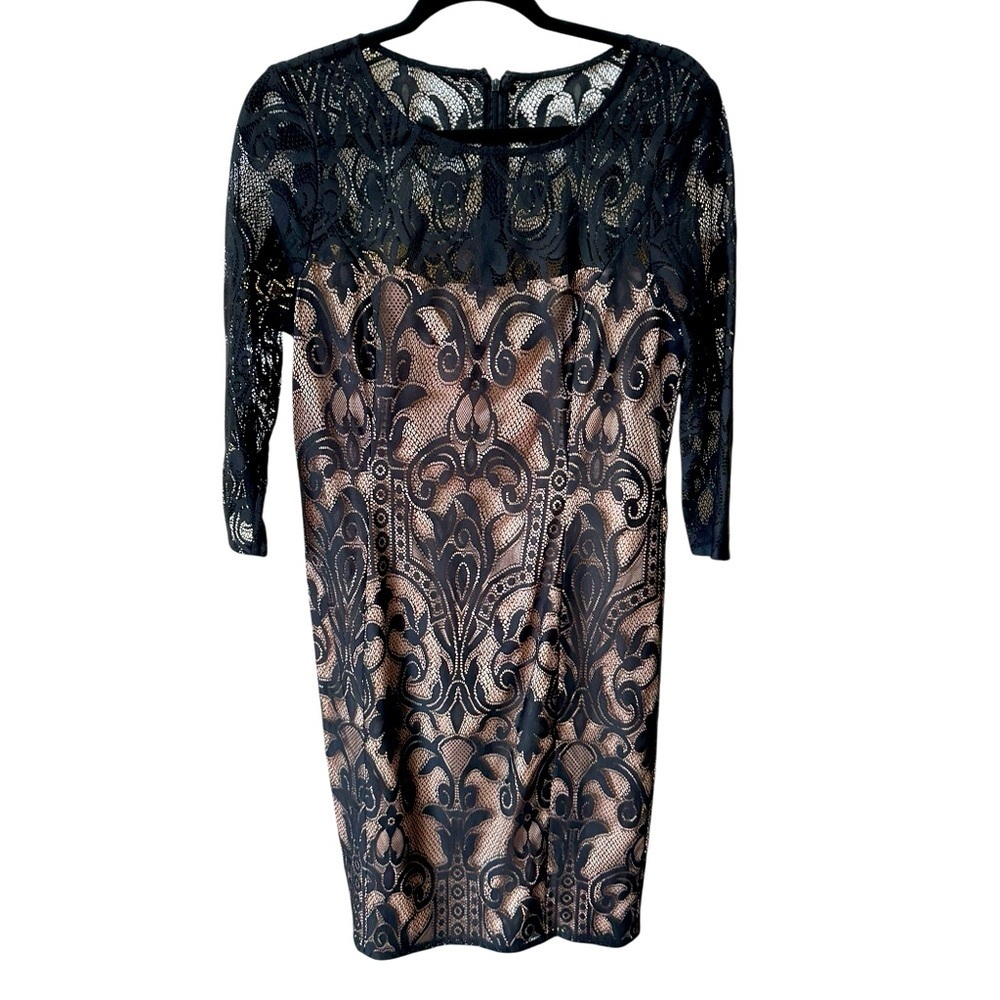 Adrianna Papell Elegant Black and Tan Lace Dress size 12